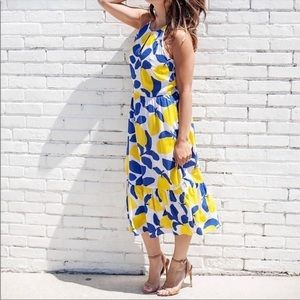 𝅺LOFT Ann Taylor Lemon Halter Midi Dress Size 0 Summer Vacation Beach Lined